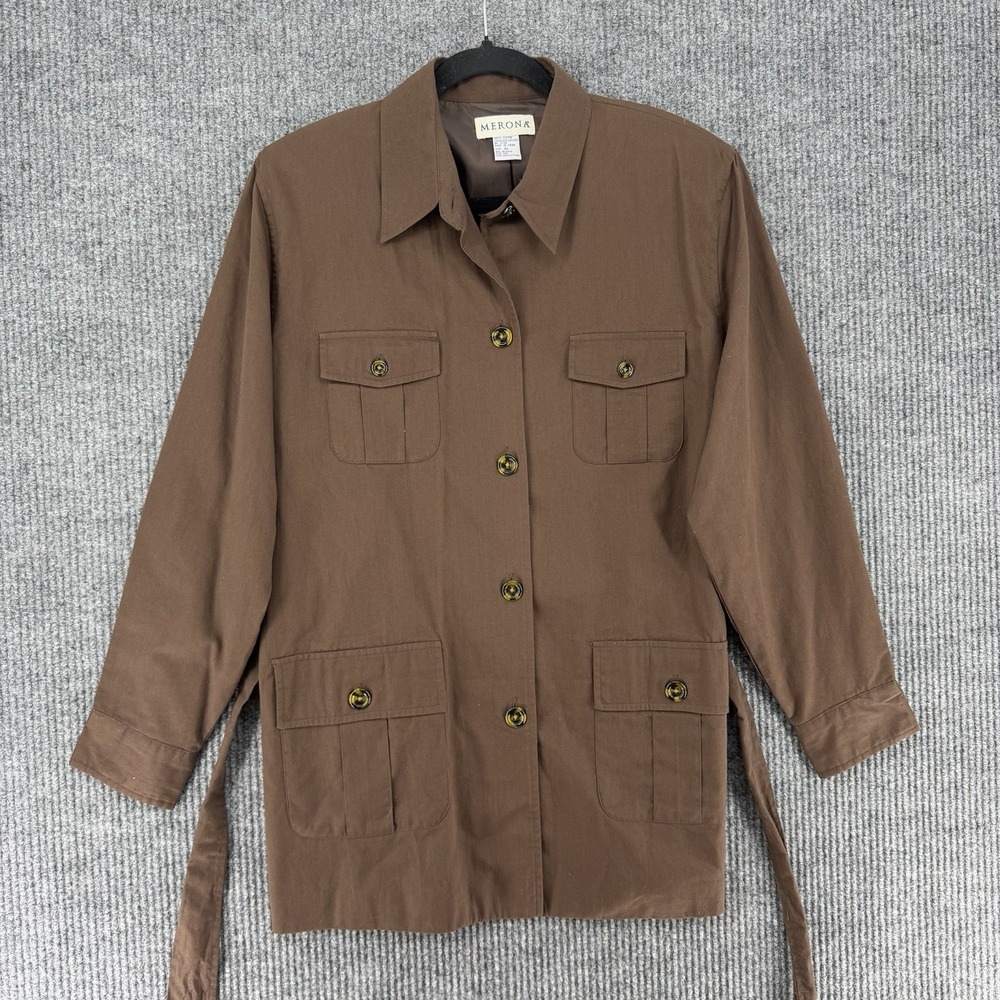 Y2K Merona womens brown chore coat XL pockets belted safari utility jacket 2000s